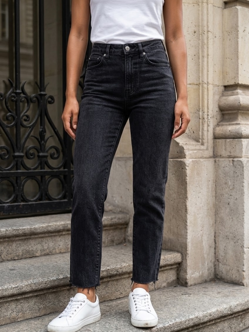 Madewell 23 Curvy Perfect Vintage Straight Jeans Lunar Black Raw Hem Stretch